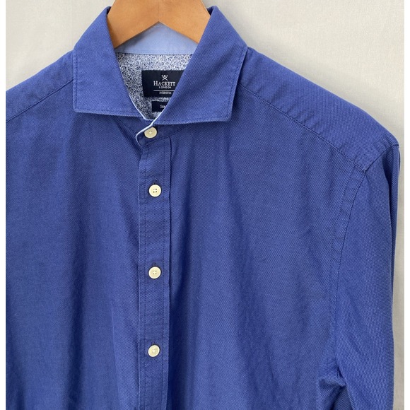 Hackett London Men's Long Sleeve Slim Fit Plain Texture Blue Dress Shirt Medium - Picture 1 of 15